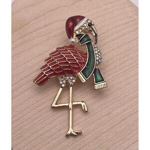 Vintage Christmas Flamingo Aurora Borealis Rhinestone Santa Hat Goldtone Brooch